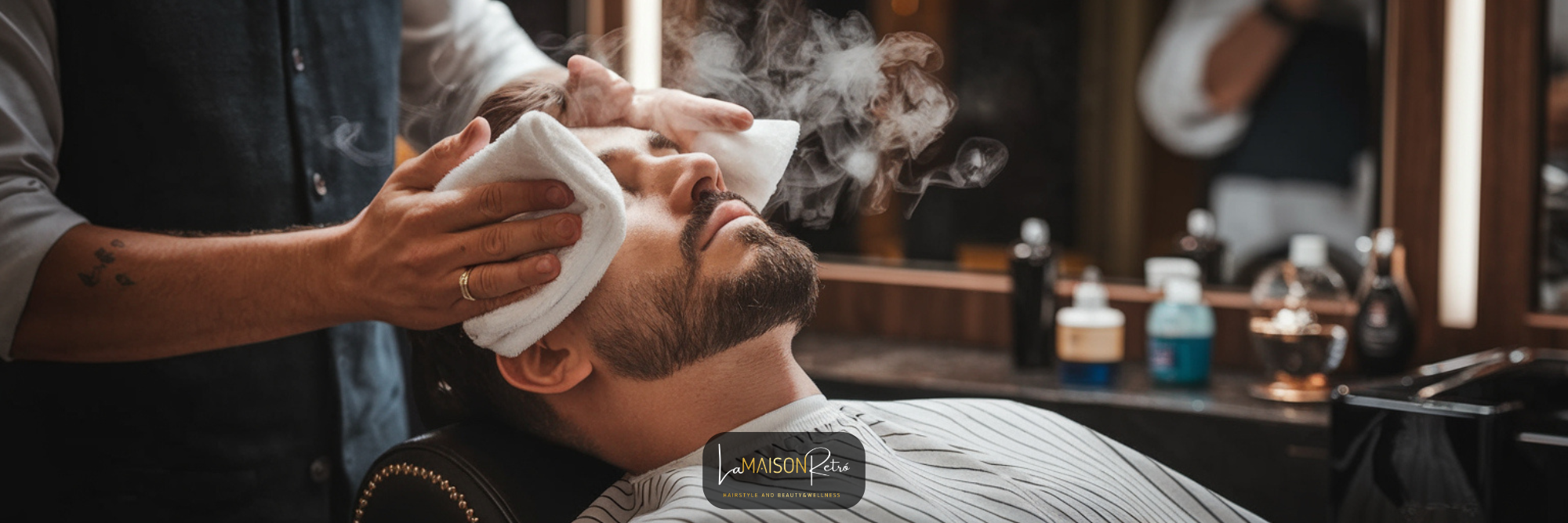Uomo durante trattamento barba con panno caldo presso La Maison Retrò Biella